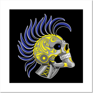 Tattooed Robot Skull with Blue Mohawk Posters and Art